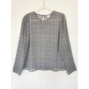 A New Day Plaid Crew Neck Blouse Quiet‎ Luxury Black White Long Sleeve